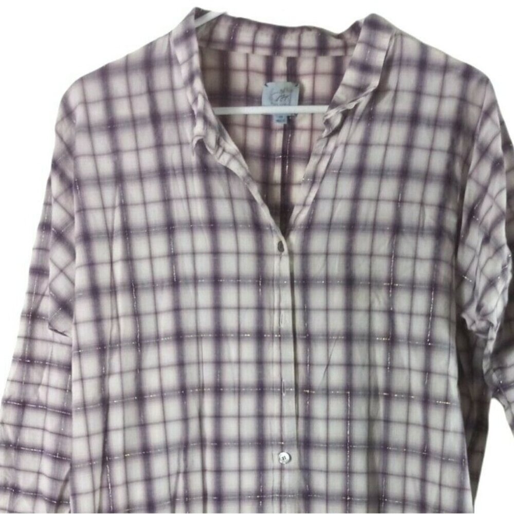 Plaid Tunic Womens XS Purple Gold Fleck Button Up Shirt Preppy Lagenlook